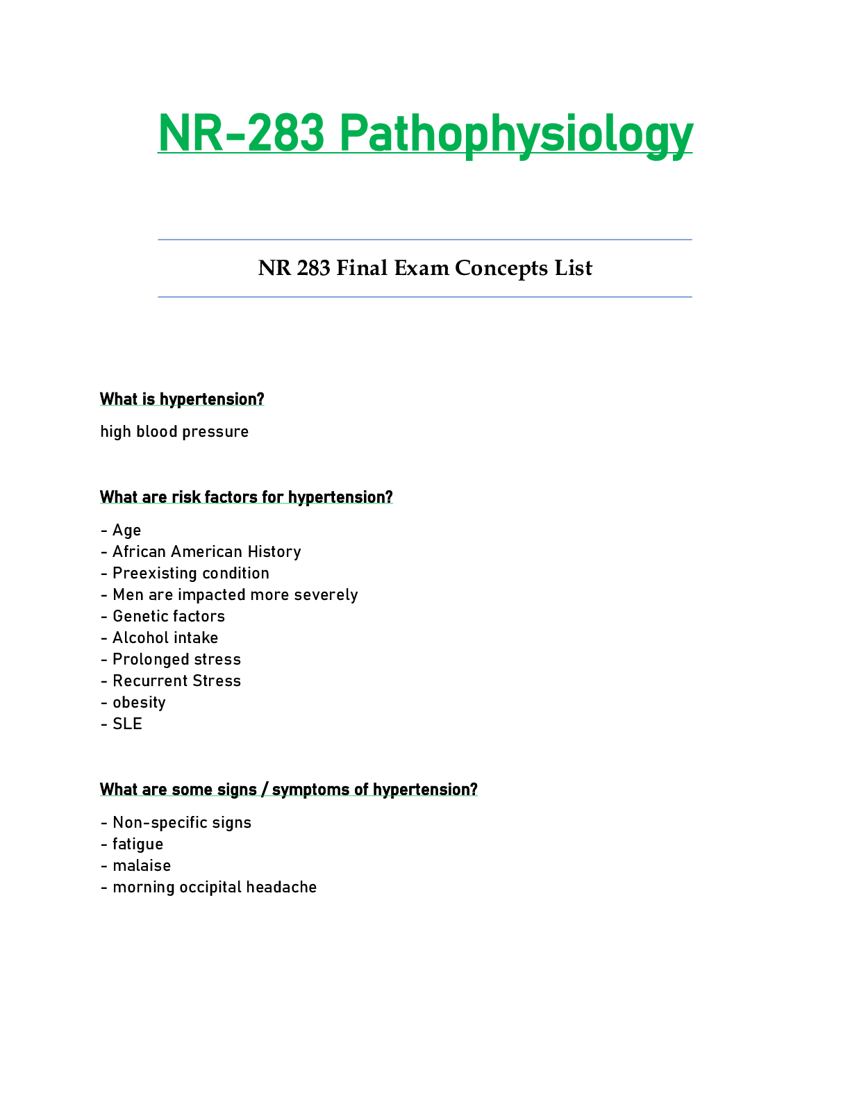 Preview of NR 283 / NR283 Final Exam Concepts List Updated: Pathophysiology - Chamberlain